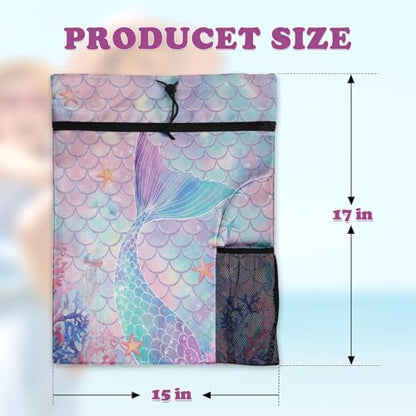 Mermaid Tail Drawstring Backpack, 15” x 17” Waterproof Swim Bag for Beach Swimming Pool, Lightweight Foldable Gym Bag with Water Bottle Holder for Sports Travel - color: Mermaid