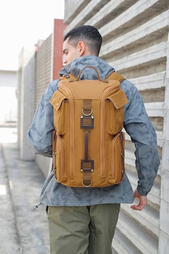 Heavy-Duty Waxed Canvas Backpack for Men,17" Laptop Rucksack with Genuine Leather, Multi-Pocket Travel Bag - color: Yellow