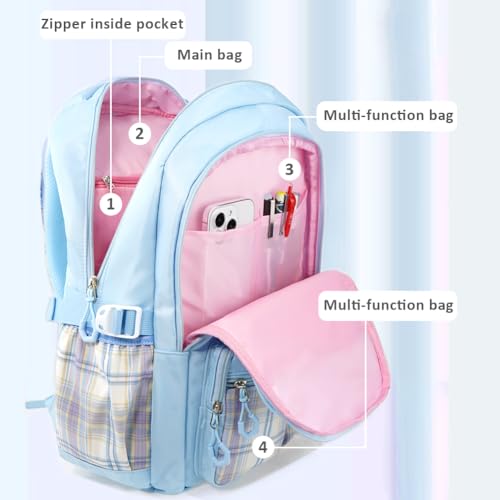 MCWTH Checkered Backpack for Teen Girls, Kawaii Cute Kids Elementary Student School Backpacks (Bow Blue) - color: Checkered Blue