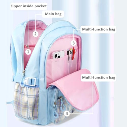 MCWTH Checkered Backpack for Teen Girls, Kawaii Cute Kids Elementary Student School Backpacks (Bow Blue) - color: Checkered Blue