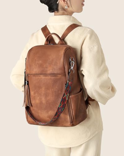 FADEON Leather Laptop Backpack for Women Designer 15.6 inch PU Laptop Bag, Ladies Travel Computer Work Backpack Brown - color: 1 Brown Retro Style