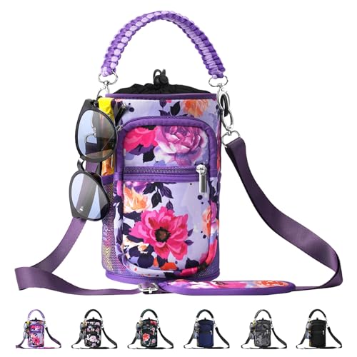 AceTreker 32/40/64/87/128 oz Water Bottle Carrier Bag, Neoprene Water Bottle Sleeve with 4 Pocket, Sport Water Holder with Paracord Handle and Shoulder Strap for Walking Hiking Camping Gym - color: 02.Purple Rose, style: 128 Oz
