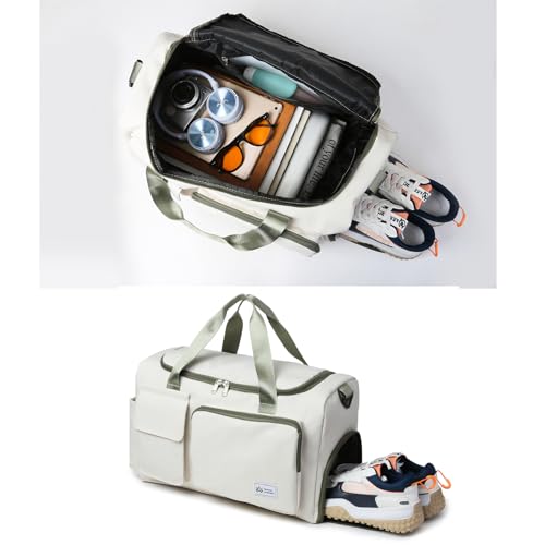 Small Gym Bag for Women, Travel Duffle Bag Carry On Weekender Bag with Shoe Compartment - color: 40#Beige-Zipper, style: Gym Bag&toiletry Bag