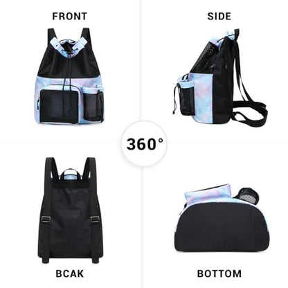Lohol Large Mesh Drawstring Backpack with Shoe Bag, Durable Swimming String Sack with Handle for Sports Gym Yoga Beach Travel - color: Black