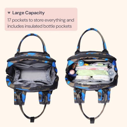 BabbleRoo Diaper Bag Backpack - Baby Essentials Travel Tote - Multi Function Water Resistant Diaper Bag, Travel Essentials Baby Bag with Changing Pad, Stroller Straps & Pacifier Case - Blue Camo - color: Camo Blue, size: Large