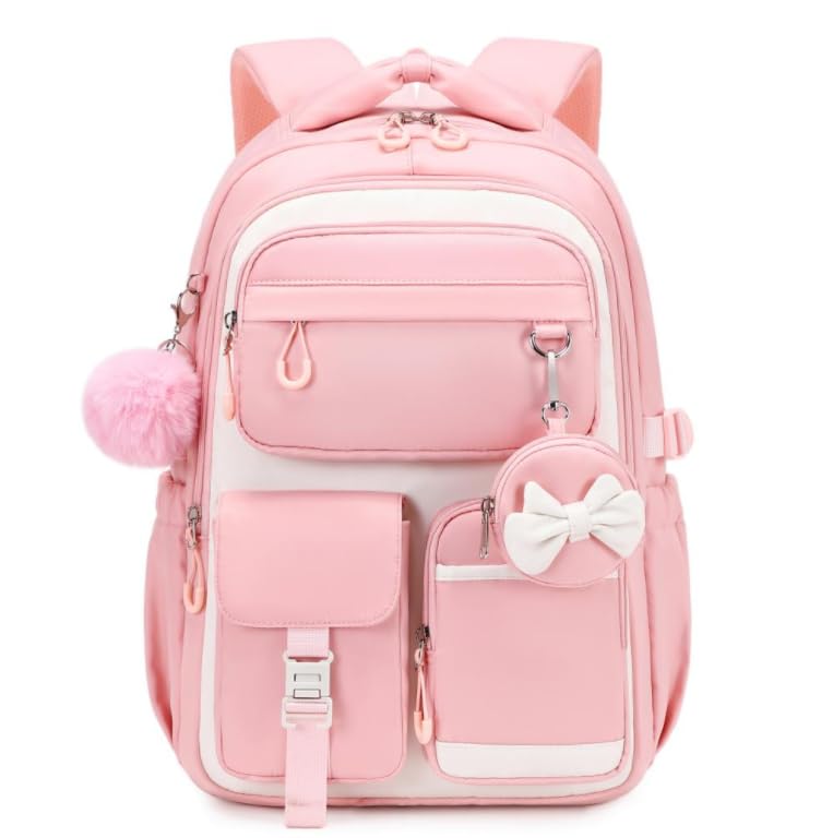 MUSEVOS Kids Backpack for Girls Aged 6-14, Kindergarten Elementary Middle School Backpack, Cute Bookbag Multi-Compartment, Water-resistant - color: Pink-white
