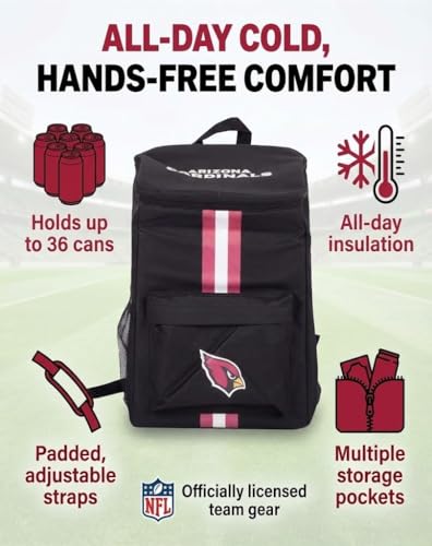 Cooler Backpack – Portable Soft Sided Ice Chest – Insulated Bag Holds 36 Cans - Football Gear – Show Your Team Spirit with Officially Licensed Fan Gear - style: Arizona Cardinals
