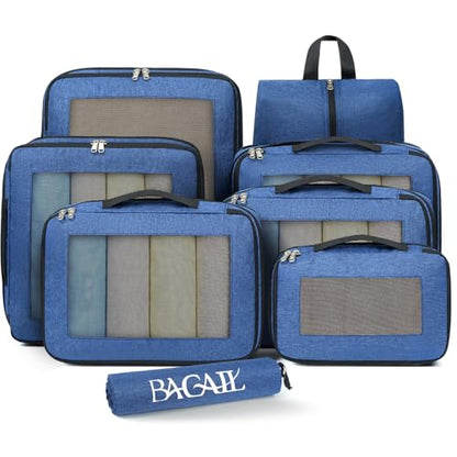 BAGAIL 8 Set Compression Packing Cubes, Durable & Wear-resistant Expandable Luggage Organizer Bags for Travel Accessories(Navy) - color: Navy
