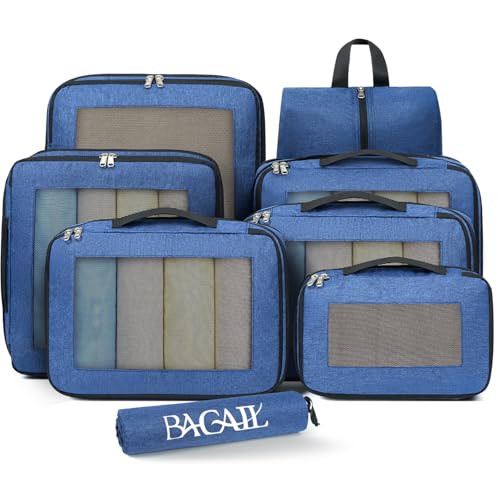 BAGAIL 8 Set Compression Packing Cubes, Durable & Wear-resistant Expandable Luggage Organizer Bags for Travel Accessories(Navy) - color: Navy