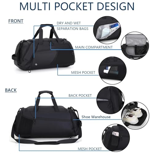 BESMART 2 in 1 Convertible Mens Gym Bag with Shoe Compartment, Heavy Duty Waterproof Travel Duffle Backpack Sports Gym Bag, 10 Pockets for Travel, Outdoor, Fitness
