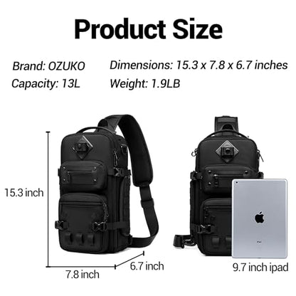 OZUKO Sling Bag for Men, Waterproof Crossbody Backpack, Tactical EDC Chest Pack with Tripod Holder for Travel, Hiking, Photography, Commuting - color: Black