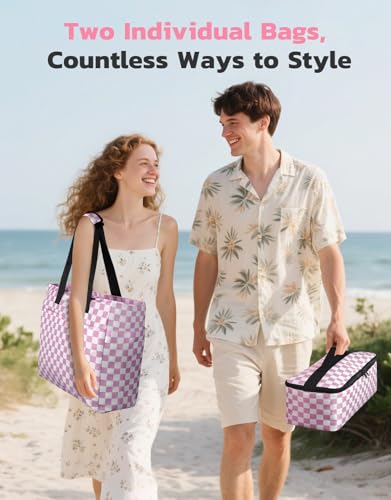 ISEYOU Beach Bag and Cooler Bag Set, 45L Waterproof XXL Foldable Tote with Zipper, 8 Pockets for Pool, Picnic, Travel - color: Pink