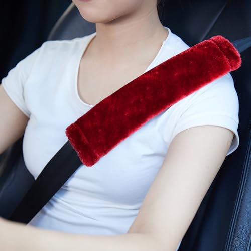 MOONET 2 Packs Car Seatbelt Covers Shoulder Pad for More Comfortable Driving, Universal Seat Belt Cover for Handbag Camera Backpack Straps, Soft Faux Sheepskin Wool Seat Belt Cushion (Claret) - color: Claret