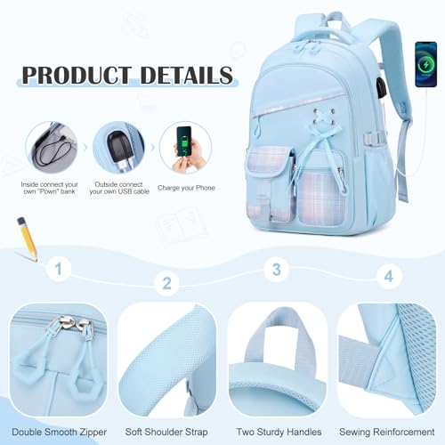 DIGOBAY Backpacks for Girls - 3PCS Girls Backpack with Lunch Box & Pencil Pouch Plaid School Backpacks for Elementary Middle High College School Bookbag for Teen Girl Kids Students Blue - color: Blueplaid