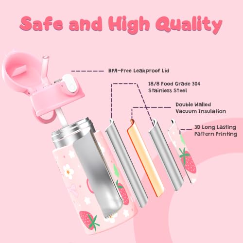 Kids Backpack for Girls 5-8, 4PCS Toddler Backpack with 13oz Kids Insulated Water Bottle, Lunch Box and Pencil Case, Girls Bookbag Schoolbag for Primary Kindergarten Elementary School - color: Strawberry Pink