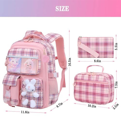 3pcs Girls Backpack With Lunch Box & Pencil Case,Cute Rabbit Kids School Backpack Set For Kindergarten & Elementary School (Style B Pink-16.5in) - color: Style B-pink
