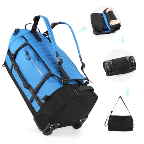 29" 86L Foldable Wheeled Duffle Bag, Waterproof Travel Rolling Backpack with Quilted Bottom, Blue - color: Blue