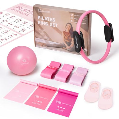 LIONSCOOL Pilates Ring Set – 14" Anti-Deformation Magic Circle with Padded Handles, Mini Ball, Resistance Bands, Guide & Bag - color: Pink Pro