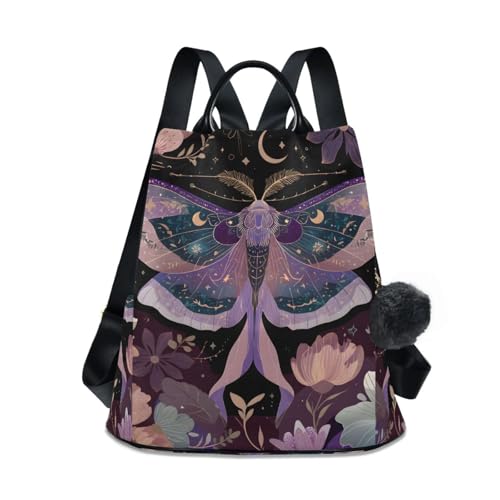 MNSRUU Goth Backpack Womens, Anti-Theft Womens Backpack Travel Handbags Shoulder Bag Mauve Moths Carry On Ladies Rucksack Fashion Casual Daypack, Hairball Pendant - color: Moths I18597