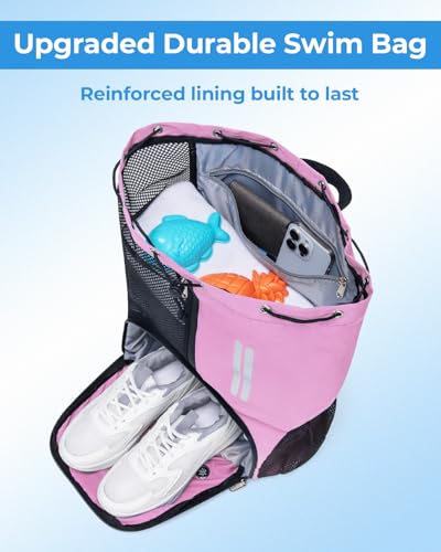 Swim Bag Mesh Drawstring Backpack with Shoe Compartment & Wet Pocket Waterproof Beach Backpack Pool Bag for Swimming, Gym, Travel and Workout Gear (Pink) - color: Pink