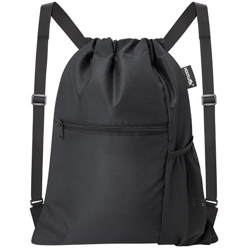 HOLYLUCK Men & Women Outdoor Sport Gym Sack Waterproof Drawstring Backpack Bag (Standard with width webbing, Black-1) - color: Black-1, style: Standard With Width Webbing
