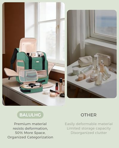 BALULHG Large Portable Travel Makeup Bag with 3 Removable Transparent Case, Dual-Shoulder Multi-Functional Cosmetic Bag,Double Layer Big Capacity Makeup Bag Backpack, Patent Pending - color: Green