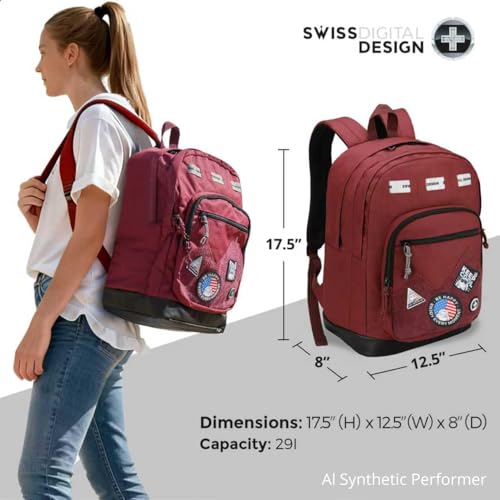 Swissdigital Design Big Student Laptop Backpack with Fun Personalized Patches For College Boy & Girl, Middle High School Teen Bookbag Cool Travel Daypack Burgundy - Includes 3 Patches | SD1718-44 - color: Burgundy
