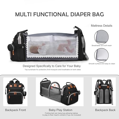 Diaper Bag Backpack with Changing Station, Waterproof for Travel, Black - color: Black