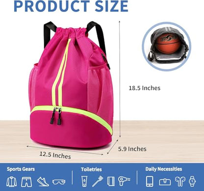 Drawstring Backpack Gym Bag with Shoe Compartment - Ideal for Basketball, Swimming, Beach Activities, Unisex - color: Rose Red