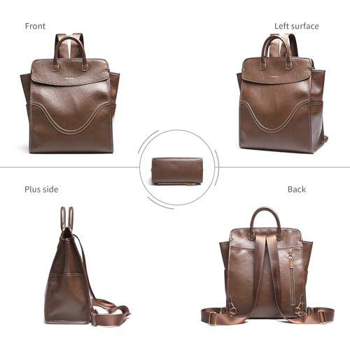 Retro Brown Leather Square Flap School Commuter Backpack Handbag for Women