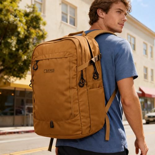 Lewis N. Clark 28L Hiking Daypack – Full-Size Trail Backpack with Padded Straps, Rain Cover & Removable Laptop Sleeve - color: Brown, size: 28L