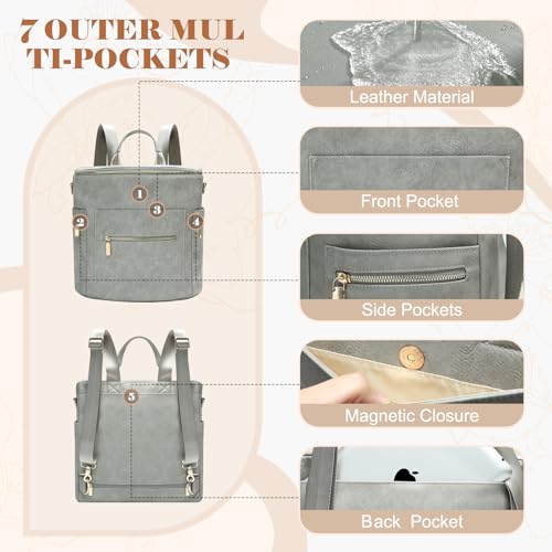 miss fong Diaper Bag Backpack Baby Diaper Bag, Large Leather Diaper Backpack with 16 Pockets Travel Bag with Diaper Changing Pad, Stroller Straps & 2 Insulated Pockets (Convertible,Premium Grey) - color: Premium Grey