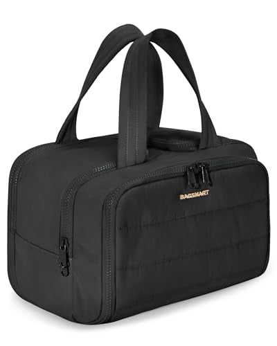 BAGSMART Travel Toiletry Bag, Lightweight Large Wide-open Travel Bag for Women, Puffy Cosmetic Makeup Bag Organizer with Handle for Accessories,Essentials, Toiletries, Black - color: Black