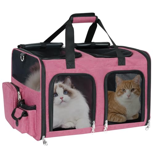 Cat Carrier for 2 Cats - Double Pet Carrier Extra Large, Dual Cabin Multi Cat Travel Carrier with Removable Divider, Collapsible, Can Hold 20 30 40 lbs for Two Small Kitten, Medium Dog Pink - color: Pink