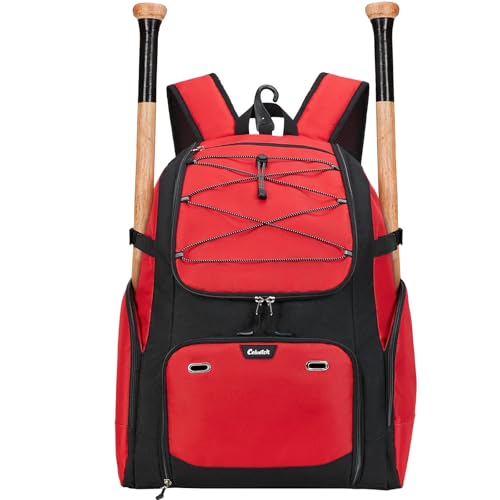 Baseball Backpack for Adult Large Capacity Softball Bat Bag with Shoe Compartment & Wet Pocket Baseball Bag with Fence Hook for 4 Bats & Equipment - color: Red, size: 58 L