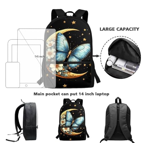 ZOUTAIRONG Backpack for School Lightweight Small Thermos School Bags for Boys Girls 7-10/10-12/12-16, Blue Butterfly Moon Flower Large Capacity Casual Backpack with Side Pockets - color: Blue Butterfly Moon Flower