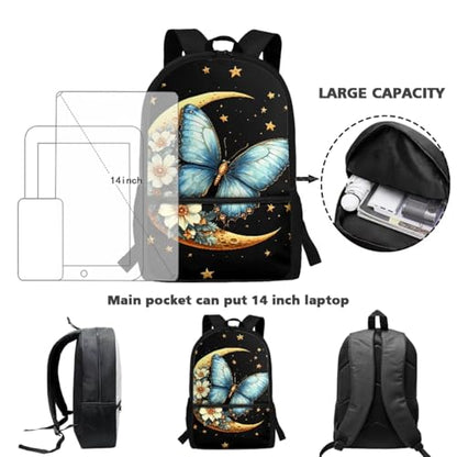 ZOUTAIRONG Backpack for School Lightweight Small Thermos School Bags for Boys Girls 7-10/10-12/12-16, Blue Butterfly Moon Flower Large Capacity Casual Backpack with Side Pockets - color: Blue Butterfly Moon Flower
