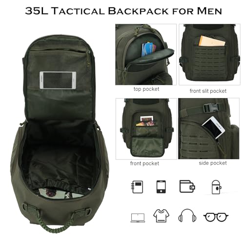 35L Tactical Backpack for Men Heavy Duty Military Backpack 3 Day Assault Pack Molle Backpack Hiking Rucksack (Green) - color: Green