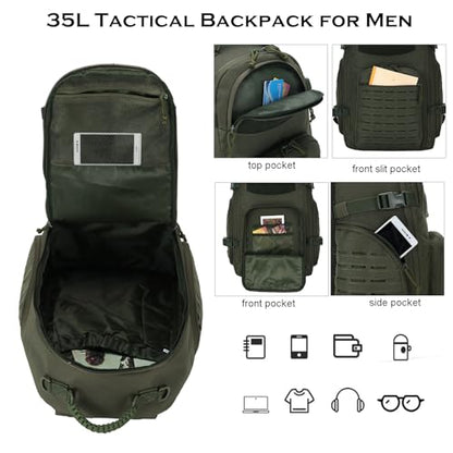 35L Tactical Backpack for Men Heavy Duty Military Backpack 3 Day Assault Pack Molle Backpack Hiking Rucksack (Green) - color: Green