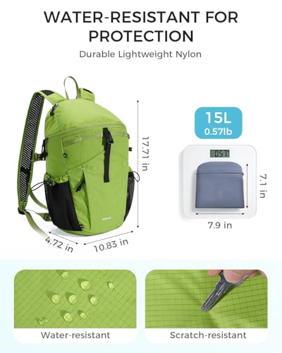 ECOHUB 15L Ultra-Lightweight Packable Backpack, Casual Daypack for Daily Use, Small Hiking & Travel, Foldable Backpack, Water-Resistant Nylon, Reflective Design - color: Green