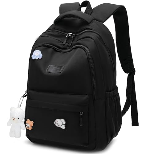 School Backpack for Teen Girls Cute Bookbag for High Middle School College Aesthetic Laptop Back Pack,Black - color: Black