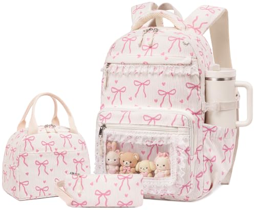 LEDAOU Backpack for Girls School Bag Kids Bookbag Teen Backpack Set Daypack with Lunch Bag and Pencil Case | Kids - color: A-lace Bow Beige