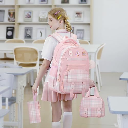 3PCS School Backpack for Girls, Girls Backpack with Lunch Box, Pencil Case, Cute Kawaii Plaid Book Bag for Teen Girl Kindergarten Elementary Preschool Middle High School, Pink - color: Pink
