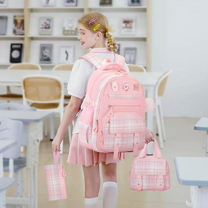 3PCS School Backpack for Girls, Girls Backpack with Lunch Box, Pencil Case, Cute Kawaii Plaid Book Bag for Teen Girl Kindergarten Elementary Preschool Middle High School, Pink - color: Pink