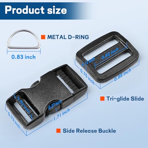 8 pack 5/8" Quick Side Release Buckles, Tri-Glide Slide Clip 16 PCS, 8 Metal D-Ring, Dual Adjustable No Sewing Clips, Plastic Buckles Replacement for Nylon Webbing Straps Backpack Belt Dog Collars - color: 5/8" 8 Pcs Buckle Set
