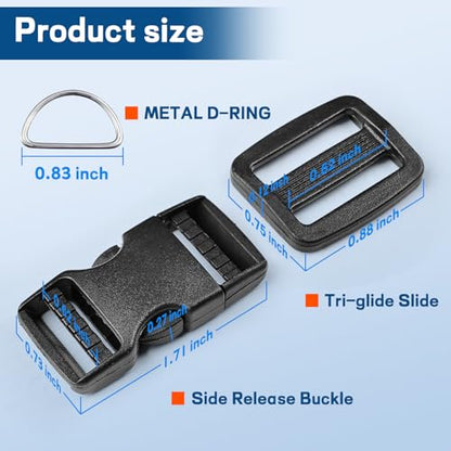 8 pack 5/8" Quick Side Release Buckles, Tri-Glide Slide Clip 16 PCS, 8 Metal D-Ring, Dual Adjustable No Sewing Clips, Plastic Buckles Replacement for Nylon Webbing Straps Backpack Belt Dog Collars - color: 5/8" 8 Pcs Buckle Set