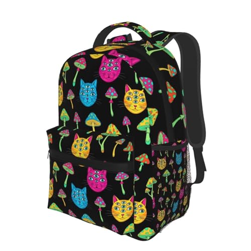 Casual Travel Daypack Halloween Trippy Eyes Black Cat Mushrooms, Multi Pocket Water Resistant Backpack for Men Women Weekend Getaways - color: Pattern (268)