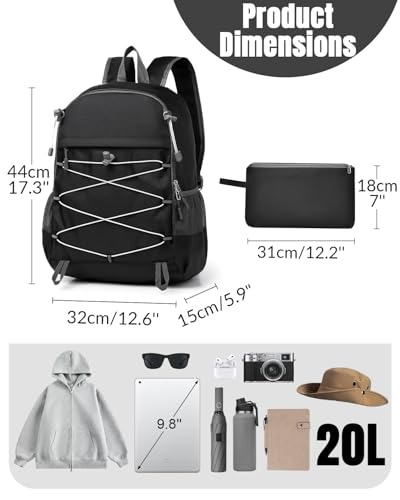 Small Foldable Hiking Backpack for Men Women, 20L Lightweight Waterproof Collapsible Daypack with Hanging System for Traveling Camping Outdoor, Black - color: Black