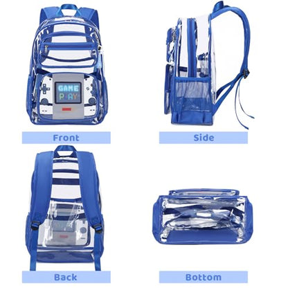 ACESAK Clear Backpack for Boys Girls - 3 Pcs Clear Heavy Duty with Lunch Bag - See Through Backpack Stadium Approved - color: Blue Game