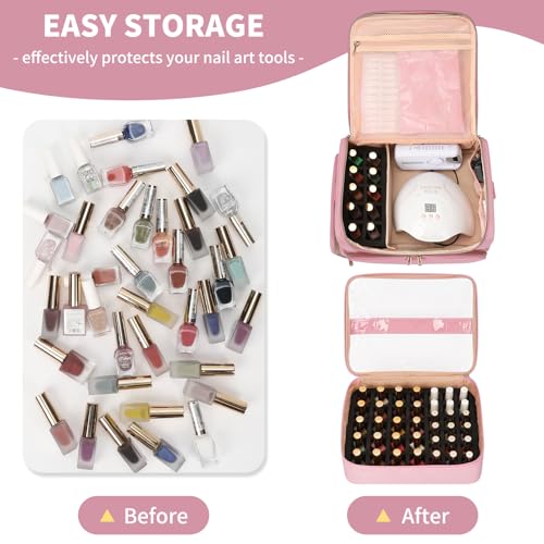 CUBETASTIC Extra Large Nail Polish Organizer Case Holds 86 to 100+ Bottles & Nail Lamp, Nail Supplies Storage Bag with 2 Removable Pouches, Nail Art Travel Box - color: Light Pink
